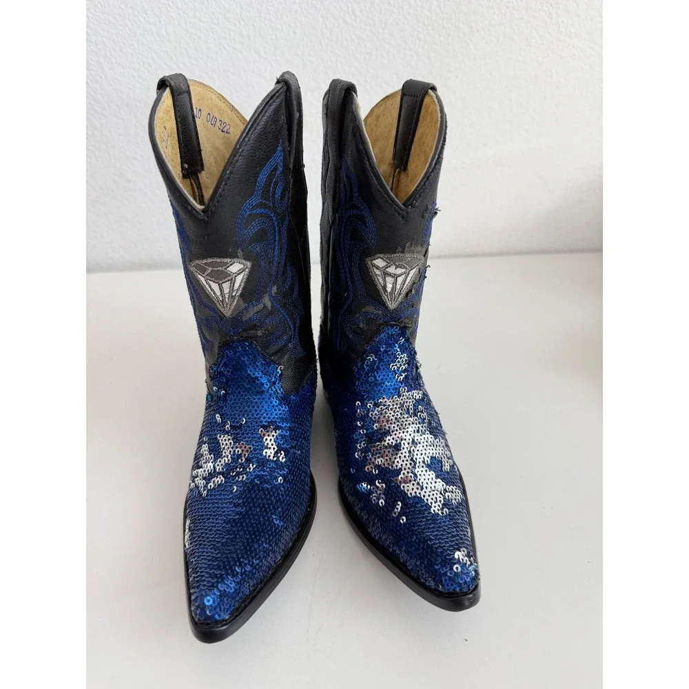 White Diamond Kids Blue Sequin Cowboy Boots Western Embroidered Pointed Toe 17